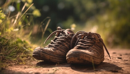 Poster - Old fashioned leather hiking boots trek through muddy autumn forest generative AI