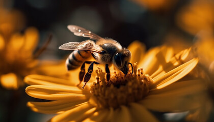 Canvas Print - Busy honey bee collecting pollen from vibrant yellow flower head generative AI