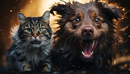 Poster - Cute dog and playful kitten sitting, looking at camera with love generated by AI