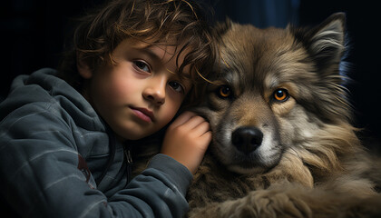 Poster - A cute dog and child, embracing, smiling, pure love and friendship generated by AI