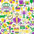 Mardi Gras carnival seamless background, flat style. Pattern with feathers, beads, jester hat, mask, fleur de lis