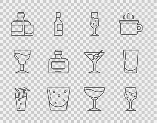 Wall Mural - Set line Cocktail, Glass of champagne, rum, Whiskey bottle and glass, Wine and with water icon. Vector