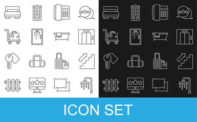 Wall Mural - Set line Shower, Stairs up, Lift, Telephone handset, cabin, Suitcase, Hotel room bed and Bathtub icon. Vector