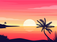 Beautiful Sunrise On The Beach Sea View With Palm Tree And Hill Vector
