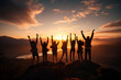 Big group of people having fun in success victory and happy pose with raised arms on mountain top against sunset lakes and mountains