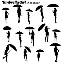 Wall Mural - Vector collection of umbrella girl silhouettes