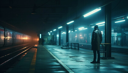 Poster - One person waiting on subway platform, blurred motion, city life generated by AI