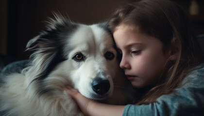 Poster - A cute puppy and a happy child share a loving embrace generated by AI