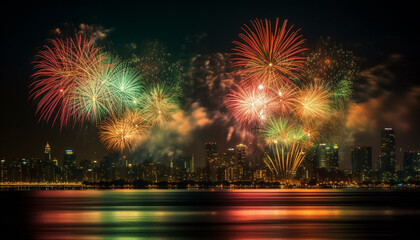 Canvas Print - Vibrant colors ignite Vancouver skyline in explosive New Year celebration generated by AI