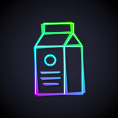 Wall Mural - Glowing neon line Paper package for milk icon isolated on black background. Milk packet sign. Vector