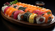 Freshness on a plate  seafood, sashimi, maki sushi, avocado, seaweed generated by AI