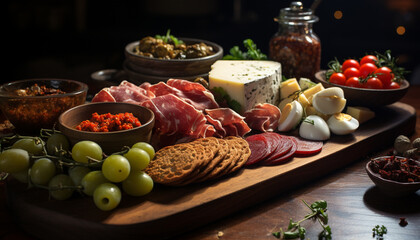 Wall Mural - A rustic meal on a wooden table  prosciutto, bread, and wine generated by AI