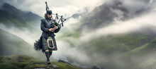 A Scottish Bagpiper Stands Proudly In His Traditional Dress Against A Foggy Lake Backdrop.