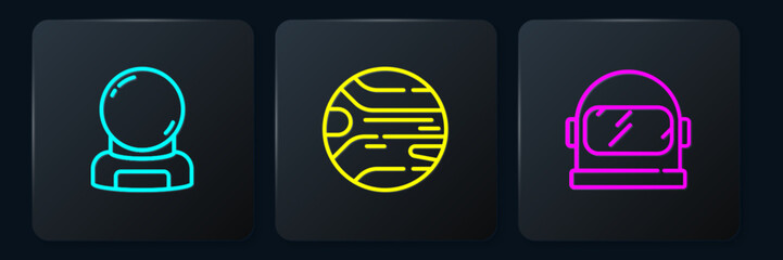 Wall Mural - set line astronaut helmet, and planet. black square button. vector
