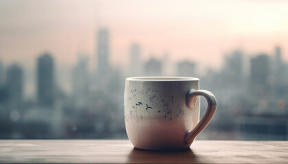 Wall Mural - A hot cappuccino on a wooden desk overlooking the cityscape generated by AI