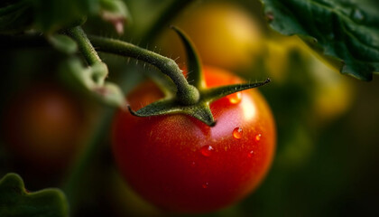 Poster - Juicy unripe tomato on wet leaf, perfect for vegetarian salad generated by AI