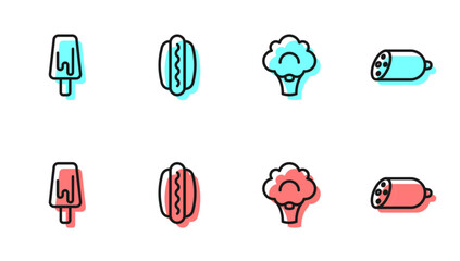 Wall Mural - Set line Broccoli, Ice cream, Hotdog and Salami sausage icon. Vector