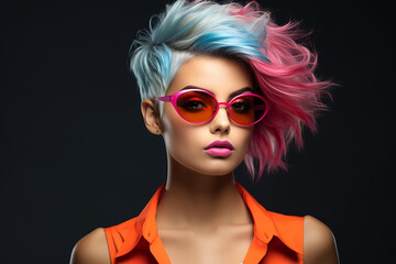 Wall Mural - Portrait of a beautiful girl with rainbow neon asymmetric hair style on black background.