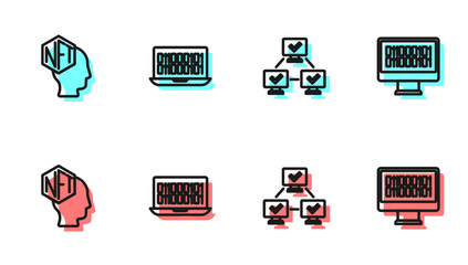 Set line NFT blockchain technology, Digital crypto art, Binary code and icon. Vector