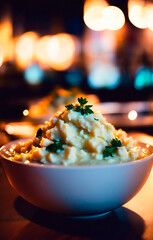 Wall Mural - Mashed potatoes on a plate in a restaurant.