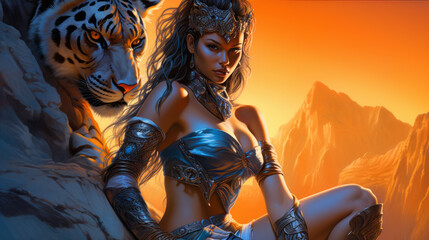 A fantasy female woman with a tiger in a erotic bikini costume. Futuristic portrait of a beautiful amazonian woman