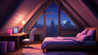 Girl bedroom interior on attic at night. mansard teenager room unmade bed moonlight. generative ai