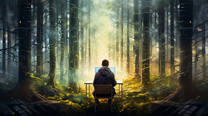 Mysterious environmental hacktivist sitts at computer at desk amidst forest surrounded illumination of bright lights, enigmatic atmosphere blending world of technology with nature beauty