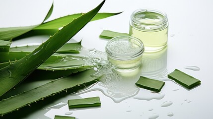 aloe vera serum in glass jars mockup with fresh plant green leaves 