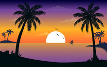 Beautiful Sunset On The Beach Palm Trees Vector