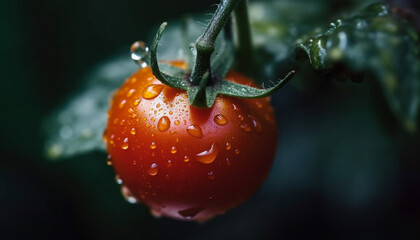 Poster - Juicy ripe tomato, a drop of dew, nature refreshment generated by AI