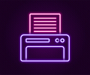 Sticker - Glowing neon line Printer icon isolated on black background. Colorful outline concept. Vector