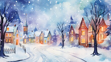 Watercolor Village Santa, Winter Or Christmas Landscape, Fairy Tale Town, Colorful Tale Houses,. Wonderland, Christmas Village , Winter Holidays. New Year