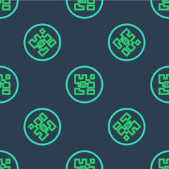 Poster - Line QR code sample for smartphone scanning icon isolated seamless pattern on blue background. Vector