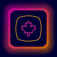 Sticker - Glowing neon line Canadian maple leaf icon isolated on black background. Canada symbol maple leaf. Colorful outline concept. Vector