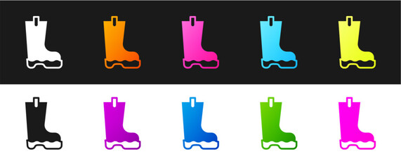 Wall Mural - Set Waterproof rubber boot icon isolated on black and white background. Gumboots for rainy weather, fishing, gardening. Vector