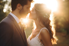 Stunning Wedding Photography, Bride Kisses Groom, Lens Flare, Aesthetic 