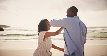 Poster - Couple, dance or beach spin or love connection, weekend romance or anniversary celebration. Black man, woman and fun moving at ocean for travel suns relax or tropical vacation, party or holiday trip