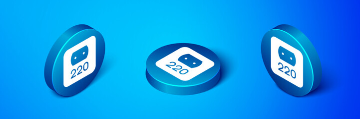 Sticker - Isometric Electrical outlet icon isolated on blue background. Power socket. Rosette symbol. Blue circle button. Vector