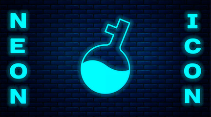 Sticker - Glowing neon Test tube and flask chemical laboratory test icon isolated on brick wall background. Laboratory glassware sign. Vector