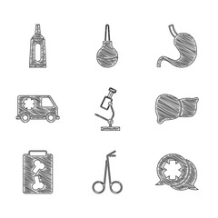 Wall Mural - Set Microscope, Medical scissors, Dialogue with the doctor, Human organ liver, X-ray shots, Emergency car, stomach and Ointment cream tube medicine icon. Vector