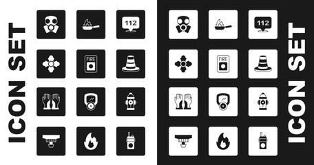 Canvas Print - Set Emergency call, Fire alarm system, Firefighter, Gas mask, Traffic cone, Pan with fire, hydrant and gloves icon. Vector