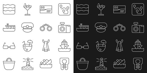 Sticker - Set line Life jacket, Cruise ship, Photo camera, Postcard travel, Captain hat, Beach pier dock, Wave and Binoculars icon. Vector