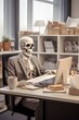 © Vladislava - Skeleton in the business suit sitting at modern office desk, working with laptop. Corporate overtime. High quality photo, overworked workaholic concept.