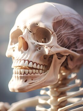 Half body of human skeleton anatomic model, realistic skull, smiling Bone model for medical student or patient education and information on color modern background and copy space
