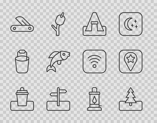 Sticker - Set line Trash can, Tree, Tourist tent, Road traffic sign, Swiss army knife, Fish, Camping lantern and Location for camping icon. Vector