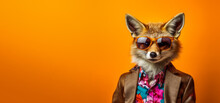Cool Looking Fox Wearing Funky Fashion Dress - Jacket, Shirt, Dark Shades Sunglasses. Wide Banner With Copy Space On Side. Stylish Animal Posing. Generative AI