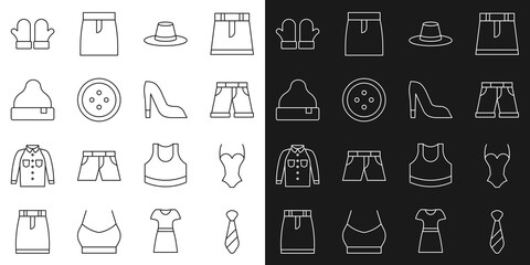 Sticker - Set line Tie, Swimsuit, Short or pants, Man hat, Sewing button for clothes, Beanie, Christmas mittens and Woman shoe icon. Vector