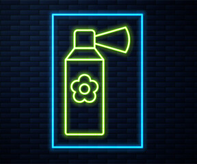 Poster - Glowing neon line Air freshener spray bottle icon isolated on brick wall background. Air freshener aerosol bottle. Vector