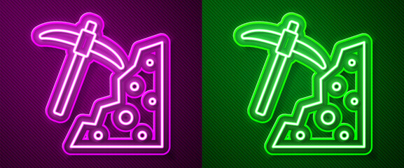 Wall Mural - Glowing neon line Pickaxe icon isolated on purple and green background. Vector