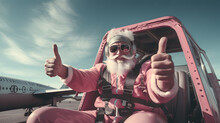 Santa Claus, Pilot, Airplane, Giving A Thumbs-up - Spreading Holiday Joy And Christmas Spirit